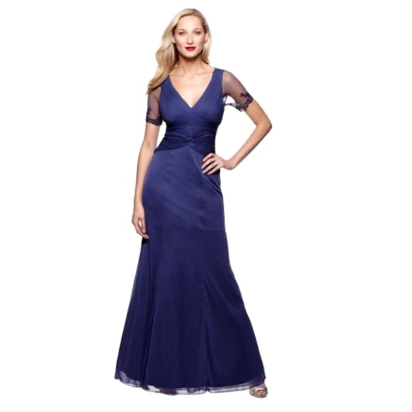 Adrianna Papell NWT Navy Blue V-Neck Sheer Mesh Beaded Sleeve Gown - Picture 5 of 9
